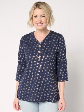 D & Co Navy with Shell & Starfish Print V-Neck 3/4 Sleeve Tunic Like New, Large